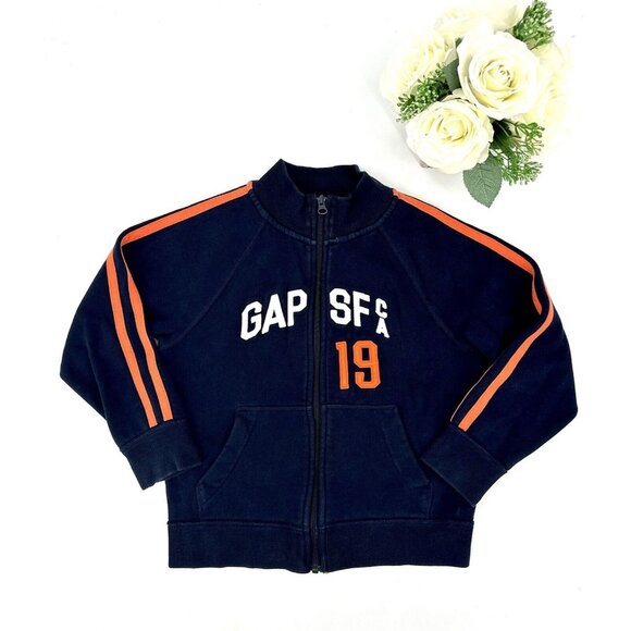 Gap Boys Fleece Varsity Jacket Size Small 6/7 Navy Orange Full Zip Pockets - Picture 2 of 5